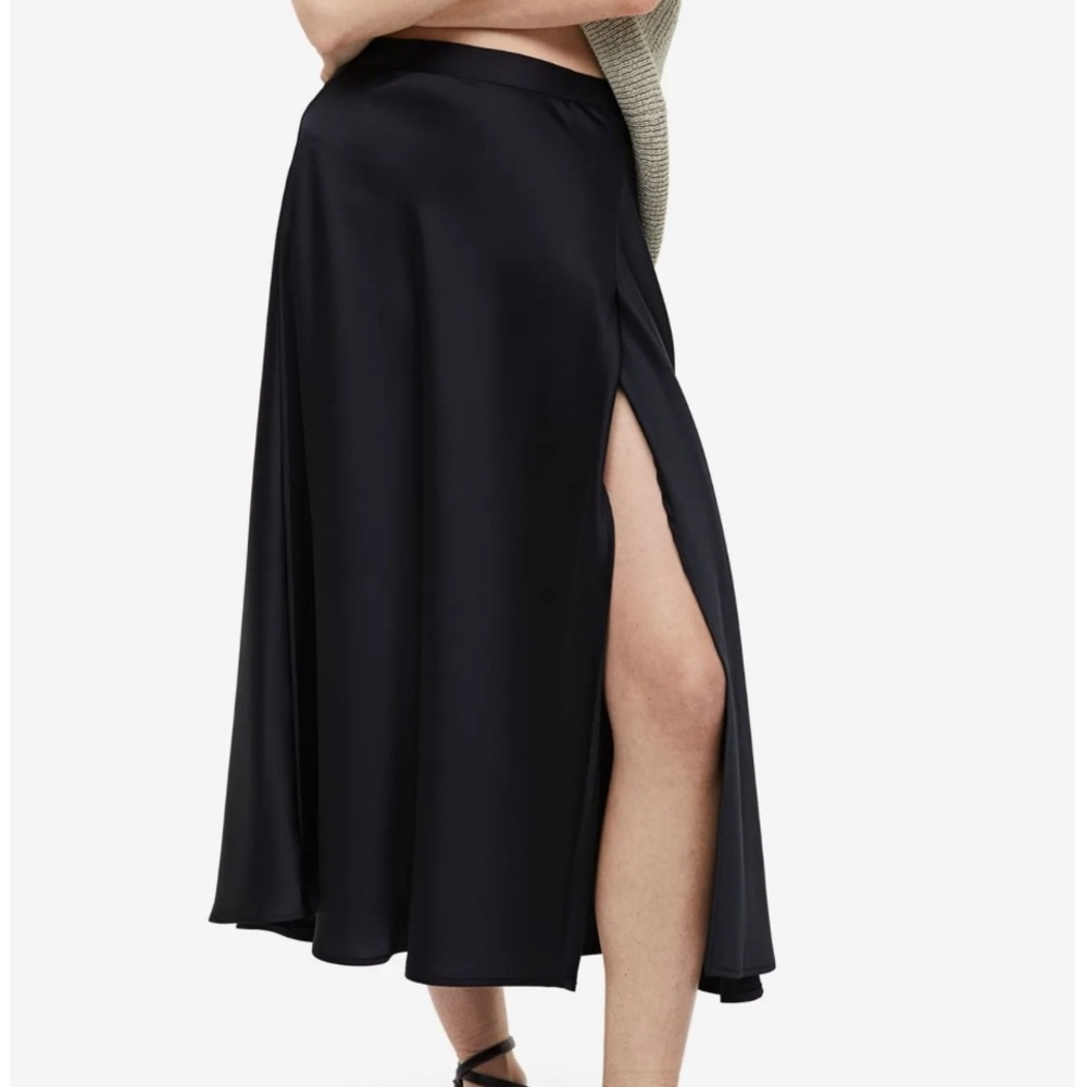 H&M Black Satin Midi Skirt with Side Slit, new without tag.